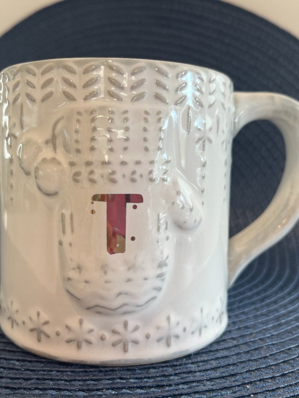 Anthropologie Snowcap holiday Glazed Monogram T Mug cup Christmas mittens